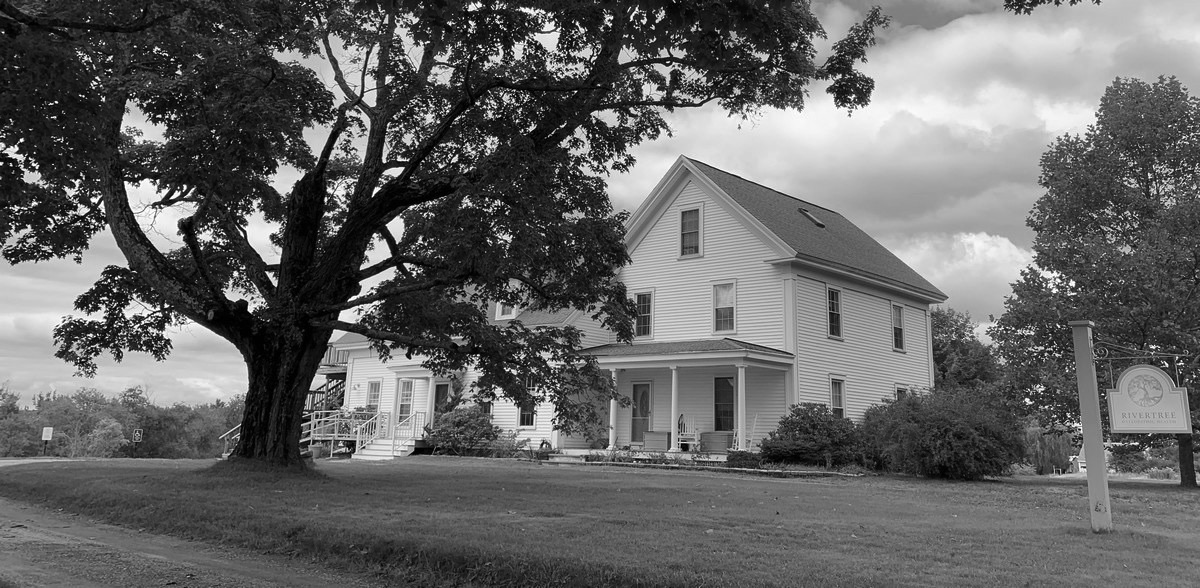 The RiverTree Osteopathic Health farmhouse on Route 201 in Topsham — the big maple and the RiverTree sign out front